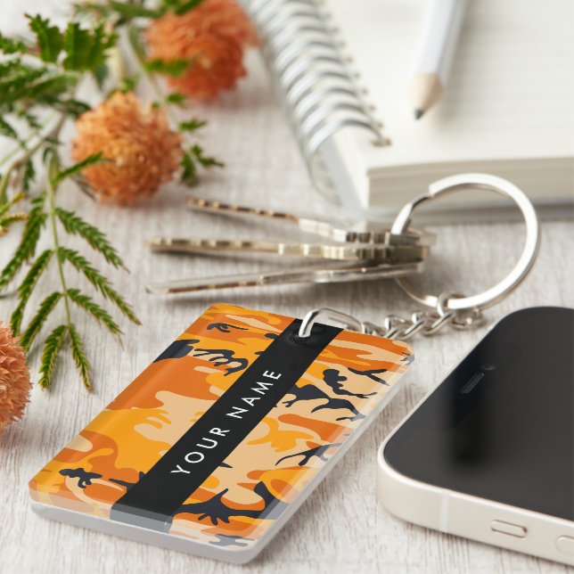 Orange Camouflage Your name Personalise Key Ring (Front Right)