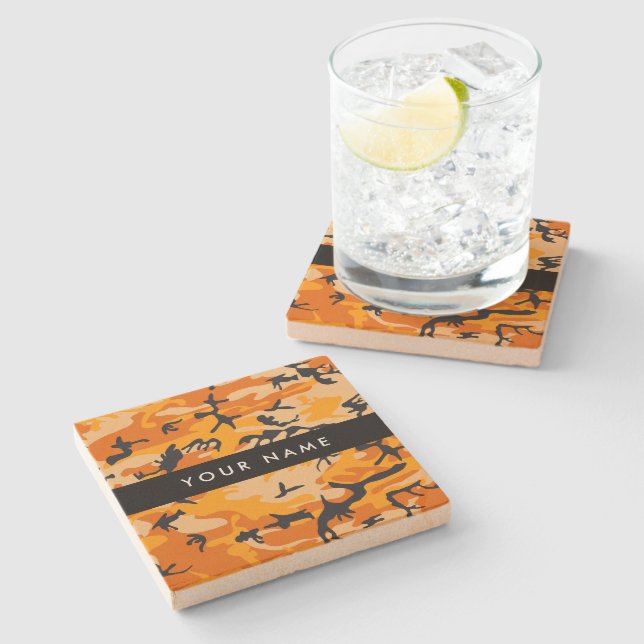 Orange Camouflage Your name Personalise Stone Coaster (Side)