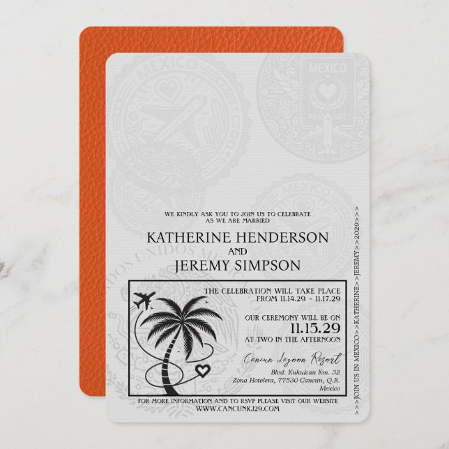 Orange Cancun Passport Wedding Invitation (Front/Back)
