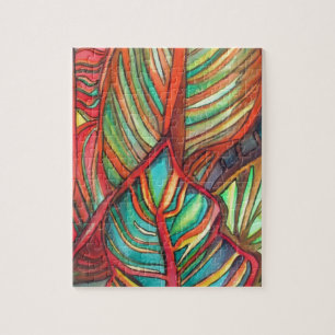 Orange Canna leaves watercolor original art Jigsaw Puzzle