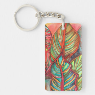 Orange Canna leaves watercolor original art Key Ring