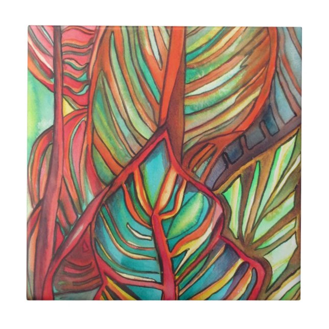 Orange Canna leaves watercolor original art Tile (Front)