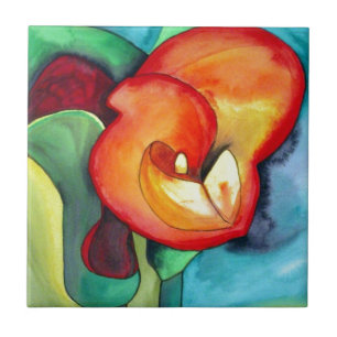 Orange Canna lily flower original watercolor art Tile