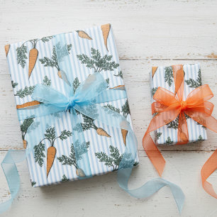 Orange Carrots & Blue Stripes Veggies Wrapping Paper