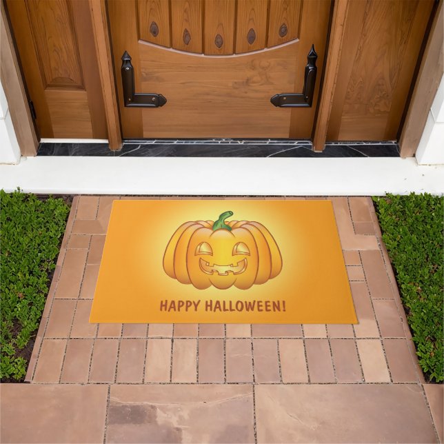Orange Cartoon Pumpkin And Happy Halloween Text Doormat (Outdoor)