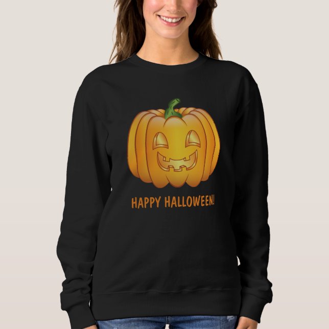 Orange Cartoon Pumpkin And Happy Halloween Text Sweatshirt (Front)