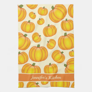 Orange Cartoon Pumpkin Pattern And Custom Text Tea Towel