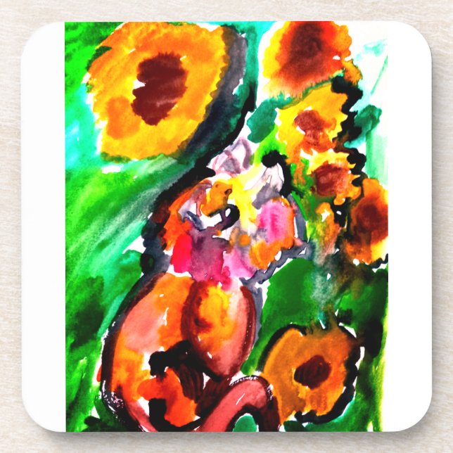 Orange Cat and sunflowers  Coaster (Front)