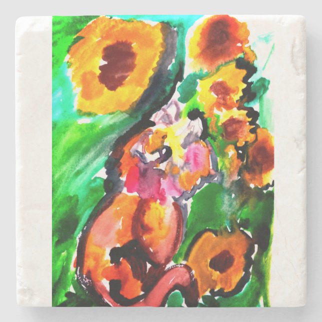 Orange Cat and sunflowers  Stone Coaster (Front)
