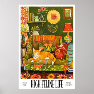 Orange Cat Art Print Retro Floral Living Room Wall