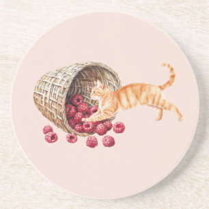 Orange Cat Basket of Red Berries Coaster