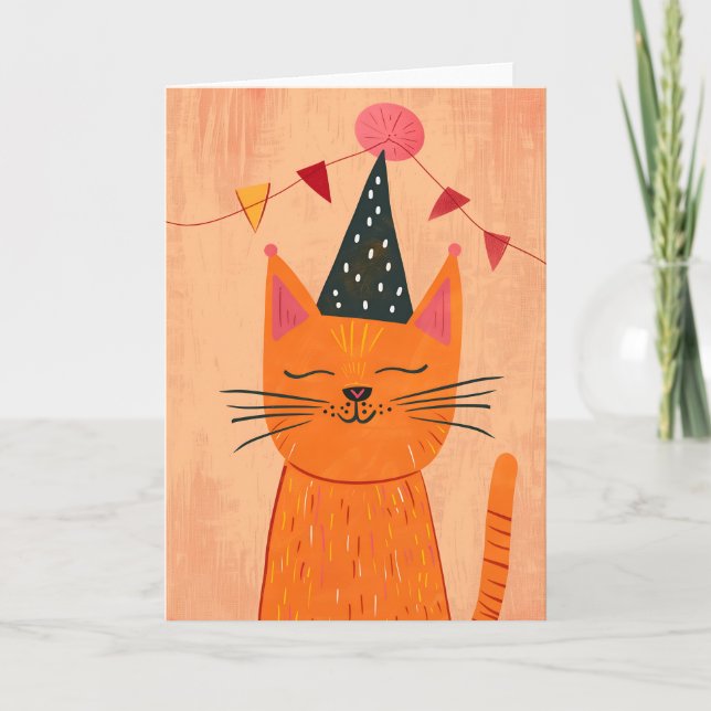 Orange Cat Birthday Party Greeting Card (Front)