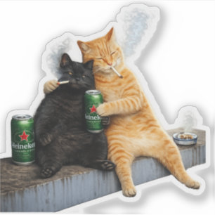 Orange Cat Black Cat Smoking  Vintage Meme Cat Duo
