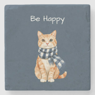 Orange Cat Blue White Scarf Be Happy Stone Coaster