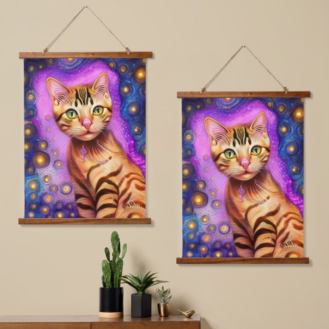Orange Cat Bright Pink Starry Night  Hanging Tapestry (Asymmetrical)