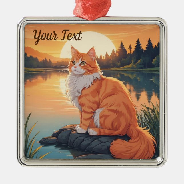 Orange Cat by Lake Metal Tree Decoration (Front)