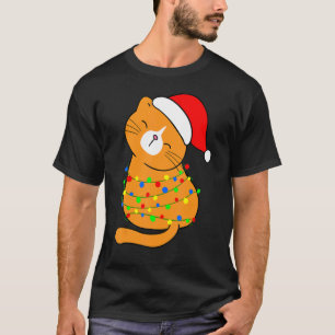 Orange Cat Christmas Tree Lights Santa Hat Funny C T-Shirt