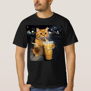 orange cat drinking iced coffee smoking cigarettes T-Shirt