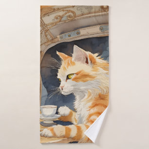Orange Cat Drinking Tea  Bath Towel Set