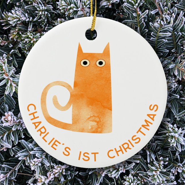 Orange Cat First Christmas Personalised Ceramic Tree Decoration (Fun watercolor orange ginger cat personalized first 1st Christmas ceramic ornament)