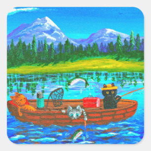 Orange Cat Fishing Creationarts Square Sticker