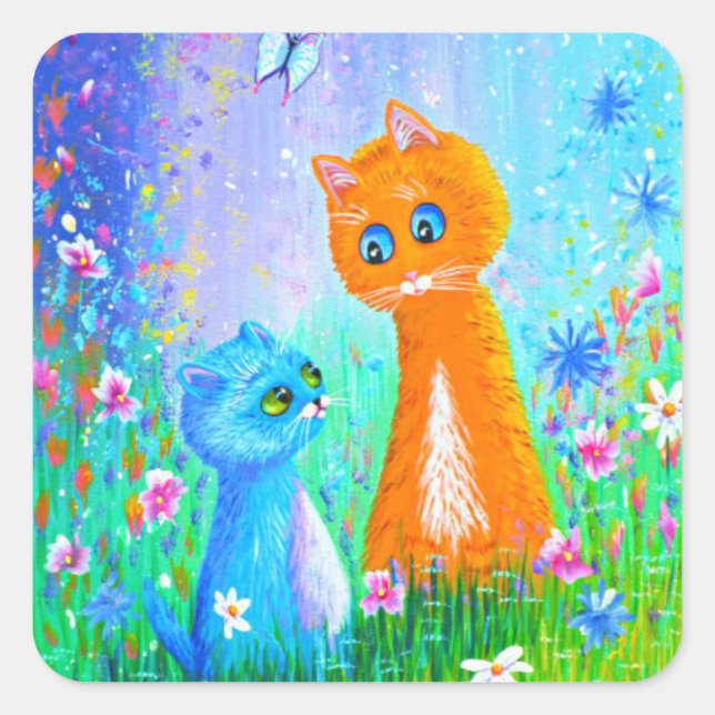 Orange Cat Flowers Creationarts Square Sticker (Front)