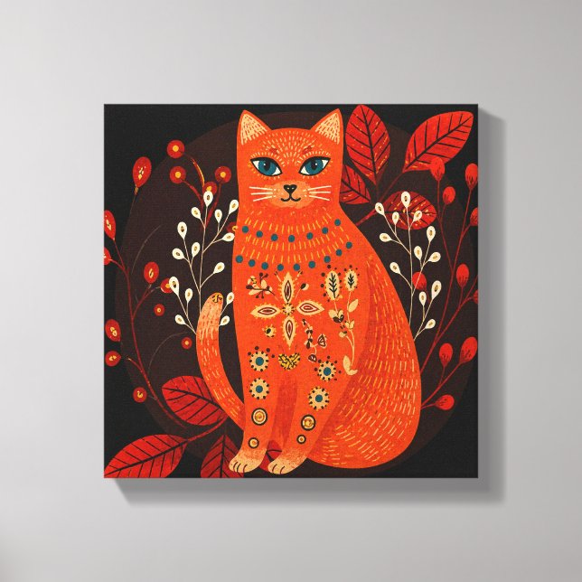 Orange Cat Folk Art Canvas Print Boho Scandinavian (Front)