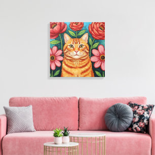 Orange Cat Folk Art Flowers Canvas Print