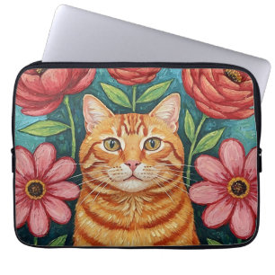 Orange Cat Folk Art Flowers Laptop Sleeve