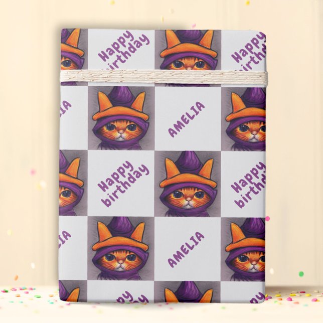 Orange Cat Happy Birthday Kids Birthday Wrapping Paper (Creator Uploaded)