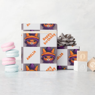 Orange Cat Happy Birthday Kids Birthday Wrapping Paper