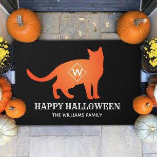 Orange Cat Happy Halloween Family Name Doormat