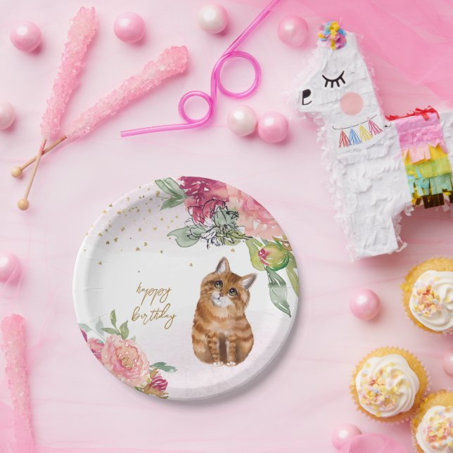  Orange Cat Illustration Happy Birthday Girl Party Paper Plate (Party)