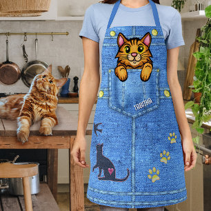 Orange Cat in Faux Denim Pocket with Custom Name Apron