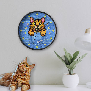Orange Cat in Faux Denim Pocket with Custom Name Clock