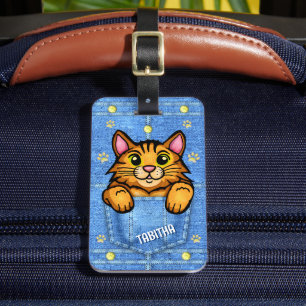 Orange Cat in Faux Denim Pocket with Custom Name Luggage Tag