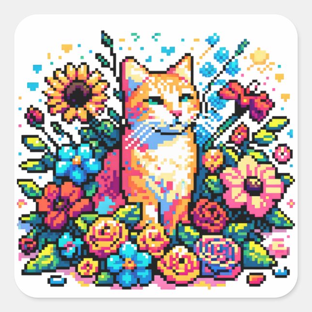 Orange Cat in Flowers Pixel Art Square Sticker (Front)