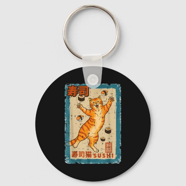 Orange Cat Jumng With Sushi Japanese Food Men Wome Key Ring (Front)