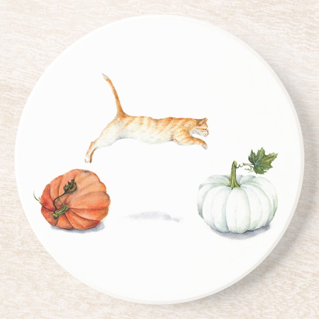 Orange Cat Jumping Between Pumpkins Coaster (Front)