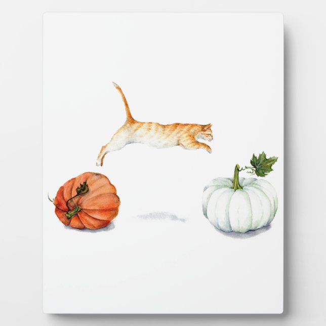 Orange Cat Jumping Between Pumpkins Plaque (Front)