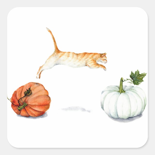 Orange Cat Jumping Between Pumpkins Square Sticker (Front)