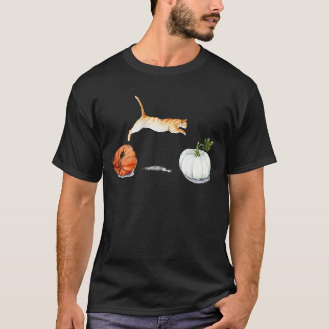 Orange Cat Jumping Between Pumpkins T-Shirt (Front)