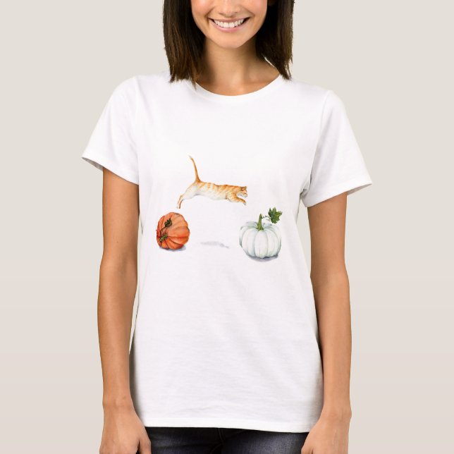 Orange Cat Jumping Between Pumpkins T-Shirt (Front)