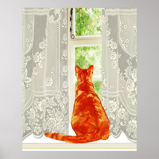 Orange Cat Looking out Window Traditional Art Poster (Front)