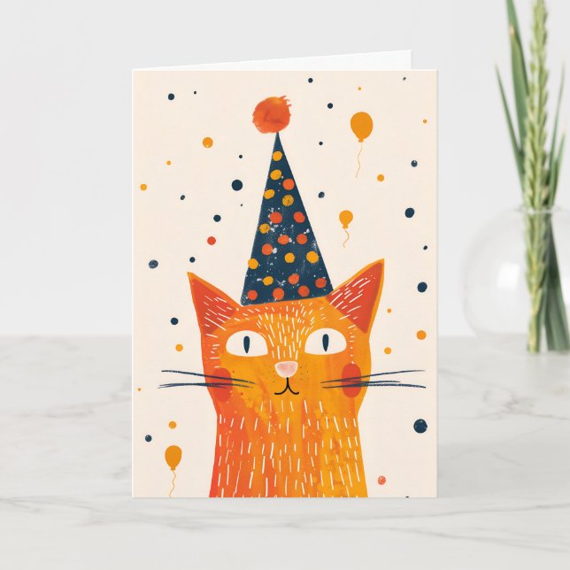 Orange Cat Party Hat Birthday Greeting Card (Front)