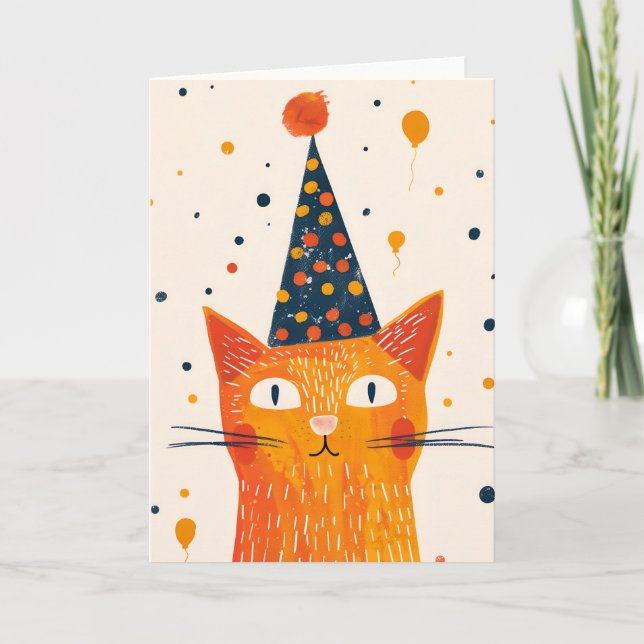 Orange Cat Party Hat Birthday Greeting Card (Front)