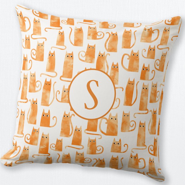 Orange Cat Pattern Monogram Cushion (Monogram personalized orange ginger cat throw pillow)