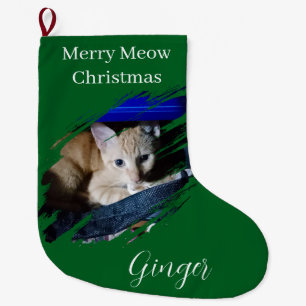 Orange Cat Photo Text Customize Large Christmas Stocking