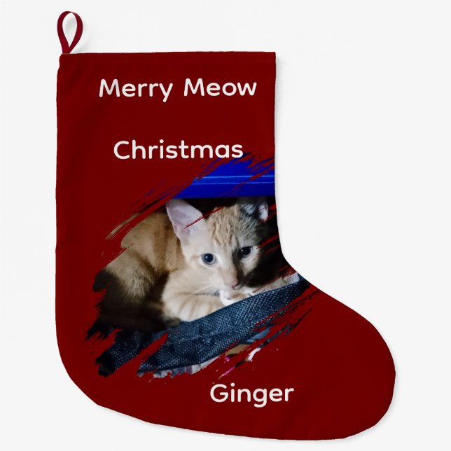 Orange Cat Photo Text Customize  Large Christmas Stocking (Front)