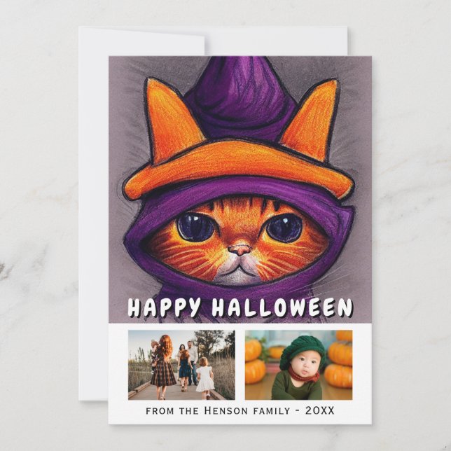 Orange Cat Purple Witch Hat 2 Photos Halloween Holiday Card (Front)